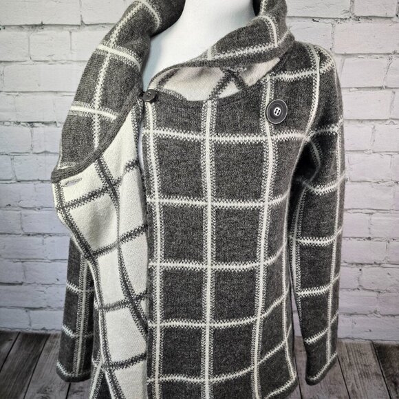 ELLEN TRACY WOMENS GRAY WHITE PLAID COWL NECK ONE BUTTON SWEATER CARDIGAN MED - Picture 5 of 9